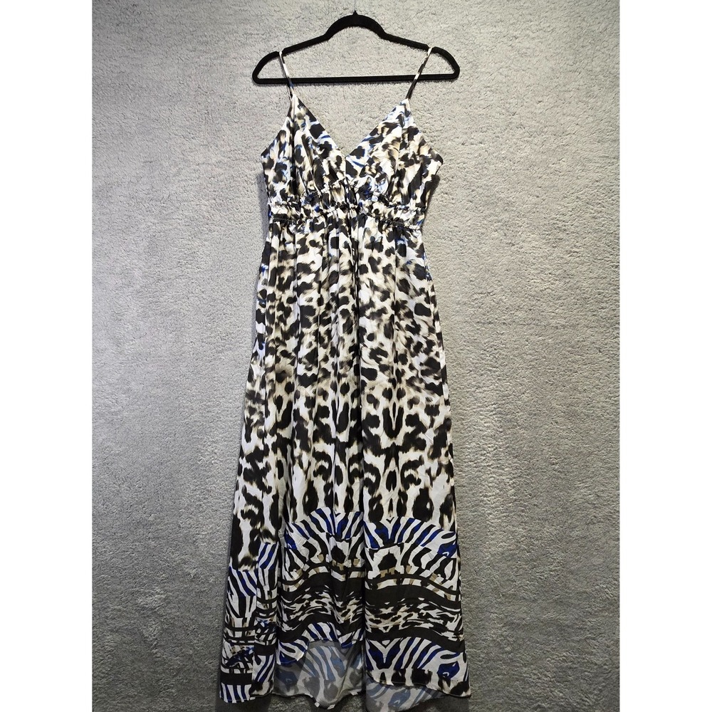 Womens Boho‎ Babydoll Animal Print Maxi Dress Blue Black Tassel Empire Waist M